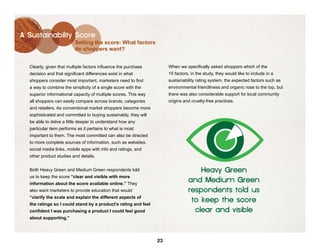 A Sustainability Score
                          Setting the score: What factors
                          do shoppers want?


  Clearly, given that multiple factors influence the purchase         When we specifically asked shoppers which of the
  decision and that significant differences exist in what             15 factors, in the study, they would like to include in a
  shoppers consider most important, marketers need to find            sustainability rating system, the expected factors such as
  a way to combine the simplicity of a single score with the          environmental friendliness and organic rose to the top, but
  superior informational capacity of multiple scores. This way        there was also considerable support for local community
  all shoppers can easily compare across brands, categories           origins and cruelty-free practices.
  and retailers. As conventional market shoppers become more
  sophisticated and committed to buying sustainably, they will
  be able to delve a little deeper to understand how any
  particular item performs as it pertains to what is most
  important to them. The most committed can also be directed
  to more complete sources of information, such as websites,
  social media links, mobile apps with info and ratings, and
  other product studies and details.


  Both Heavy Green and Medium Green respondents told
  us to keep the score “clear and visible with more
  information about the score available online.” They
  also want marketers to provide education that would
  “clarify the scale and explain the different aspects of
  the ratings so I could stand by a product’s rating and feel
  confident I was purchasing a product I could feel good
  about supporting.”




                                                                 23
 
