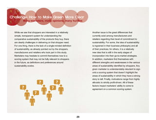 Challenge: How to Make Green More Clear
           Many marketers, many opinions, many hurdles



  While we see that shoppers are interested in a relatively             Another issue is the great differences that
  simple, transparent system for understanding the                      currently exist among manufacturers and
  comparative sustainability of the products they buy, there            retailers regarding their level of commitment to
  are clearly challenges in delivering on that shopper need.            sustainability. For some, the idea of sustainability
  For one thing, there is the lack of a single-minded definition        is ingrained in their business philosophy and all
  of sustainability, as already pointed out by the shoppers,            of their practices; for others, it is a relatively
  manufacturers and retailers who took part in this study.              new idea that is still in the early stages of
  Marketers may hesitate to commit themselves now to a                  incorporation into their go-to-market strategies.
  scoring system that may not be fully relevant to shoppers             In addition, marketers find themselves with
  in the future, as definitions and preferences around                  different strengths and weaknesses in the various
  sustainability evolve.                                                areas of sustainability identified by shoppers. Any
                                                                        given marketer is understandably reluctant to sign
                                                                        onto a scoring system that doesn’t highlight the
                                                                        areas of sustainability in which they have a strong
                                                                        story to tell. Finally, motivations range from highly
                               ?               ?                        altruistic to strictly profit-driven. All of these
                                                                        factors impact marketers’ ability to come to
          ?                               ?                             agreement on a common scoring system.
                           ?




                                                                   29
 