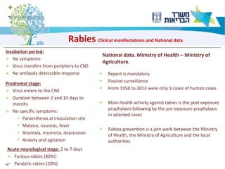 16
Rabies Clinical manifestations and National data
Incubation period:
➢ No symptoms
➢ Virus transfers from periphery to CNS
➢ No antibody detectable response
Acute neurological stage: 2 to 7 days
➢ Furious rabies (80%):
➢ Paralytic rabies (20%)
Prodromal stage:
➢ Virus enters to the CNS
➢ Duration between 2 and 10 days to
months
➢ No specific symptoms:
✓ Paraesthesia at inoculation site
✓ Malaise, nauseas, fever
✓ Anorexia, insomnia, depression
✓ Anxiety and agitation
National data. Ministry of Health – Ministry of
Agriculture.
▪ Report is mandatory
▪ Passive surveillance
▪ From 1958 to 2013 were only 9 cases of human cases.
▪ Main health activity against rabies is the post exposure
prophylaxis following by the pre exposure prophylaxis
in selected cases
▪ Rabies prevention is a join work between the Ministry
of Health, the Ministry of Agriculture and the local
authorities
 