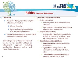 18
Rabies Treatment & Prevention
 Treatment
 Preventive therapy for rabies is highly
efficacious. It includes:
 Wound cleansing
 Active and passive immunisation
after a recognised exposure
 Post-exposure prophylaxis is nearly 100%
effective at preventing rabies
▪ Active and passive immunization
▪ Active vaccination:
▪ Currently cell-culture derived vaccines
are used
▪ Post-exposure vaccination has been very
effective since introduction
▪ Passive immunization:
▪ Human rabies-specific immunoglobulin
(HRIG) at the start of all primary post-
exposure courses of rabies vaccine
▪ The schedule used depends on:
▪ Level of risk (low, medium or high) in
the country
▪ Type of exposure (history of the
animal/stray, likelihood of infection,
etc.)
▪ The individual's immunity (details of
previous vaccinations, if any)
Eliminating rabies in the reservoir animal
species is not possible without an
intersectoral approach including
collaboration between animal and
human health experts.
 
