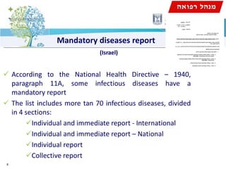 8
✓ According to the National Health Directive – 1940,
paragraph 11A, some infectious diseases have a
mandatory report
✓ The list includes more tan 70 infectious diseases, divided
in 4 sections:
✓Individual and immediate report - International
✓Individual and immediate report – National
✓Individual report
✓Collective report
Mandatory diseases report
(Israel)
 