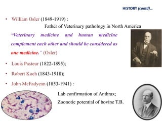 • William Osler (1849-1919) :
Father of Veterinary pathology in North America
• Louis Pasteur (1822-1895);
• Robert Koch (1843-1910);
• John McFadyean (1853-1941) :
Lab confirmation of Anthrax;
Zoonotic potential of bovine T.B.
HISTORY (contd)…
“Veterinary medicine and human medicine
complement each other and should be considered as
one medicine.” (Osler)
 