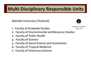 Multi-Disciplinary Responsible Units 
Mahidol University (Thailand) 
1. Faculty of Graduate Studies 
2. Faculty of Environmental and Resource Studies 
3. Faculty of Public Health 
4. Faculty of Science 
5. Faculty of Social Science and Humanities 
6. Faculty of Tropical Medicine 
7. Faculty of Veterinary Science 
 