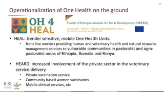 18
Operationalization of One Health on the ground
• HEAL: Gender sensitive, mobile One Health Units:
• front line workers ...