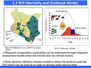 1.1 RVF Mortality and Outbreak Model:
 Reduction of population vulnerability can be addressed through integrated
assessment models which link climatic and non-climatic factors.
 Basic dynamic infectious disease models to obtain the epidemic potential
(EP) which can be used as an index to develop early warning tools
 