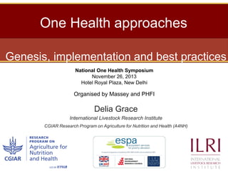 One Health approaches
Genesis, implementation and best practices
National One Health Symposium
November 26, 2013
Hotel Royal Plaza, New Delhi

Organised by Massey and PHFI

Delia Grace
International Livestock Research Institute
CGIAR Research Program on Agriculture for Nutrition and Health (A4NH)

 
