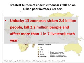 Greatest burden of endemic zoonoses falls on on
billion poor livestock keepers

• Unlucky 13 zoonoses sicken 2.4 billion
people, kill 2.2 million people and
affect more than 1 in 7 livestock each
year

 