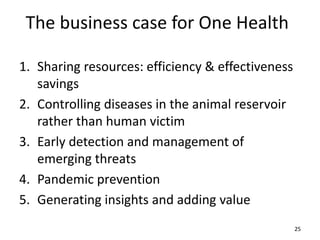 The business case for One Health
1. Sharing resources: efficiency & effectiveness
savings
2. Controlling diseases in the animal reservoir
rather than human victim
3. Early detection and management of
emerging threats
4. Pandemic prevention
5. Generating insights and adding value
25

 