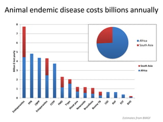 Animal endemic disease costs billions annually
8
7

Billion $ lost yearly

6

Africa
South Asia

5
4
South Asia
3

Africa

2
1
0

Estimates from BMGF

 