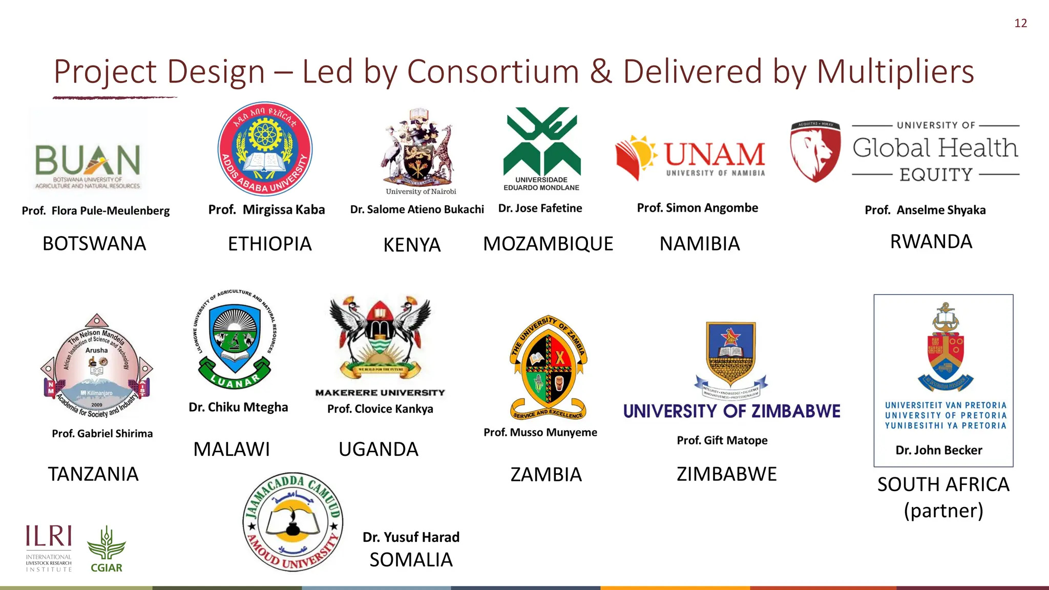 12
BOTSWANA ETHIOPIA KENYA MOZAMBIQUE NAMIBIA RWANDA
TANZANIA
MALAWI UGANDA
ZAMBIA ZIMBABWE SOUTH AFRICA
(partner)
Project Design – Led by Consortium & Delivered by Multipliers
Dr. Yusuf Harad
SOMALIA
 