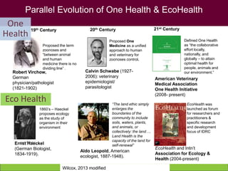Parallel Evolution of One Health & EcoHealth
Proposed the term
zoonoses and
“between animal
and human
medicine there is no
dividing line” .
Defined One Health
as “the collaborative
effort locally,
nationally, and
globally – to attain
optimal health for
people, animals and
our environment.”
Proposed One
Medicine as a unified
approach to human
and veterinary for
zoonoses control.
Ernst Haeckel
(German Biologist,
1834-1919).
1860’s – Haeckel
proposes ecology
as the study of
organism in their
environment
“The land ethic simply
enlarges the
boundaries of the
community to include
soils, waters, plants,
and animals, or
collectively: the land….
Land Health is the
capacity of the land for
self-renewal”
Aldo Leopold, American
ecologist, 1887-1948).
Robert Virchow,
German
physician/pathologist
(1821-1902)
Calvin Schwabe (1927-
2006): veterinary
epidemiologist/
parasitologist
19th Century 20th Century 21st Century
EcoHealth was
launched as forum
for researchers and
practitioners &
specific research
and development
focus of IDRC
EcoHealth and Intn’t
Association for Ecology &
Health (2004-present)
American Veterinary
Medical Association
One Health Initiative
(2008- present)
Wilcox, 2013 modified
One
Health
Eco Health
 