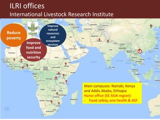 Main campuses: Nairobi, Kenya
and Addis Ababa, Ethiopia
Hanoi office (SE ASIA region):
- Food safety, one health & ASF
ILRI offices
International Livestock Research Institute
Reduce
poverty
Improve
food and
nutrition
security
Improve
natural
resources
and
ecosystem
services
 