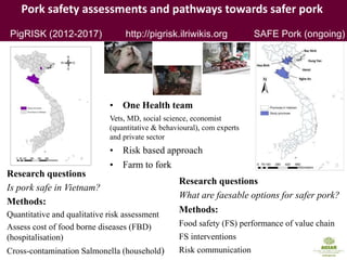 Pork safety assessments and pathways towards safer pork
PigRISK (2012-2017) http://pigrisk.ilriwikis.org SAFE Pork (ongoing)
Research questions
Is pork safe in Vietnam?
Methods:
Quantitative and qualitative risk assessment
Assess cost of food borne diseases (FBD)
(hospitalisation)
Cross-contamination Salmonella (household)
• One Health team
Vets, MD, social science, economist
(quantitative & behavioural), com experts
and private sector
• Risk based approach
• Farm to fork
Research questions
What are faesable options for safer pork?
Methods:
Food safety (FS) performance of value chain
FS interventions
Risk communication
 