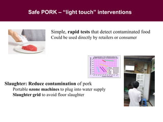 Safe PORK – “light touch” interventions
Slaughter: Reduce contamination of pork
Portable ozone machines to plug into water supply
Slaughter grid to avoid floor slaughter
Simple, rapid tests that detect contaminated food
Could be used directly by retailers or consumer
 
