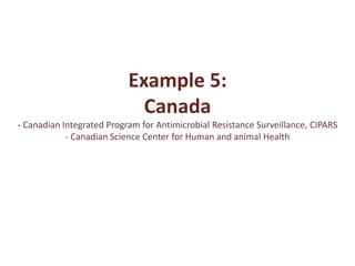 Example 5:
Canada
- Canadian Integrated Program for Antimicrobial Resistance Surveillance, CIPARS
- Canadian Science Center for Human and animal Health
 