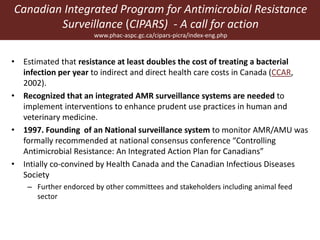 • Estimated that resistance at least doubles the cost of treating a bacterial
infection per year to indirect and direct health care costs in Canada (CCAR,
2002).
• Recognized that an integrated AMR surveillance systems are needed to
implement interventions to enhance prudent use practices in human and
veterinary medicine.
• 1997. Founding of an National surveillance system to monitor AMR/AMU was
formally recommended at national consensus conference “Controlling
Antimicrobial Resistance: An Integrated Action Plan for Canadians”
• Intially co-convined by Health Canada and the Canadian Infectious Diseases
Society
– Further endorced by other committees and stakeholders including animal feed
sector
Canadian Integrated Program for Antimicrobial Resistance
Surveillance (CIPARS) - A call for action
www.phac-aspc.gc.ca/cipars-picra/index-eng.php
 