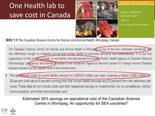 One Health lab to
save cost in Canada
Estimated 26% savings on operational cost of the Canadian Science
Centre in Winnipeg. An opportunity for SEA countries?
 