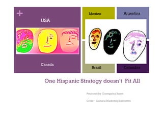 +   USA
                      Mexico                        Argentina




    Canada
                         Brazil                     Colombia


     One Hispanic Strategy doesn’t Fit All

                     Prepared by Giuseppina Russo

                     Cross – Cultural Marketing Executive
 
