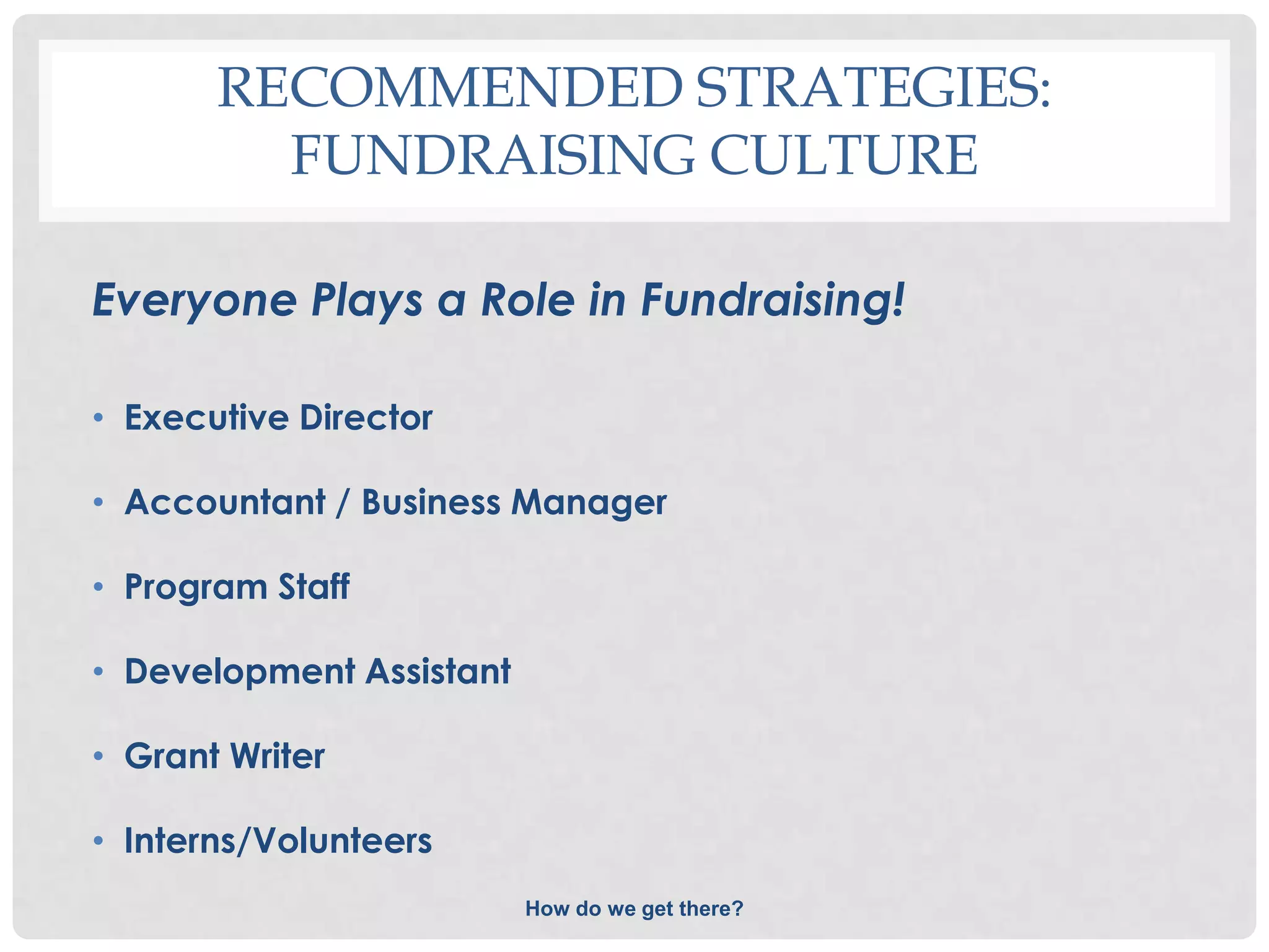 RECOMMENDED STRATEGIES:
         FUNDRAISING CULTURE

Everyone Plays a Role in Fundraising!

• Executive Director

• Accountant / Business Manager

• Program Staff

• Development Assistant

• Grant Writer

• Interns/Volunteers
                          How do we get there?
 