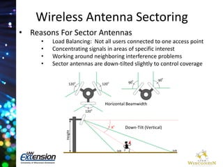 Wireless Antenna Sectoring 
• Reasons For Sector Antennas 
• Load Balancing: Not all users connected to one access point 
• Concentrating signals in areas of specific interest 
• Working around neighboring interference problems 
• Sector antennas are down-tilted slightly to control coverage 
120o 
120o 
120o 
_ 
Horizontal Beamwidth 
Xo 
Height 
Down-Tilt (Vertical) 
-3dB -3dB 
 
