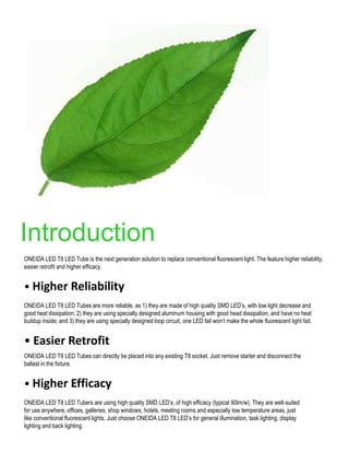 Introduction
ONEIDA LED T8 LED Tube is the next generation solution to replace conventional fluorescent light. The feature higher reliability,
easier retrofit and higher efficacy.


• Higher Reliability
ONEIDA LED T8 LED Tubes are more reliable, as 1) they are made of high quality SMD LED’s, with low light decrease and
good heat dissipation; 2) they are using specially designed aluminum housing with good head dissipation, and have no heat
buildup inside; and 3) they are using specially designed loop circuit, one LED fail won’t make the whole fluorescent light fail.


• Easier Retrofit
ONEIDA LED T8 LED Tubes can directly be placed into any existing T8 socket. Just remove starter and disconnect the
ballast in the fixture.


• Higher Efficacy
ONEIDA LED T8 LED Tubers are using high quality SMD LED’s, of high efficacy (typical 90lm/w). They are well-suited
for use anywhere, offices, galleries, shop windows, hotels, meeting rooms and especially low temperature areas, just
like conventional fluorescent lights. Just choose ONEIDA LED T8 LED’s for general illumination, task lighting, display
lighting and back lighting.
 