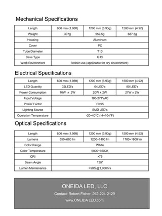 Mechanical Specifications
        Length            600 mm (1.96ft)         1200 mm (3.93g)           1500 mm (4.92)
        Weight                 307g                     559.5g                  687.5g
       Housing                                        Aluminum
        Cover                                            PC
    Tube Diameter                                        T10
      Base Type                                          G13
   Work Environment                   Indoor use (applicable for dry environment)


Electrical Specifications
        Length            600 mm (1.96ft)         1200 mm (3.93g)           1500 mm (4.92)
     LED Quantity            32LED's                   64LED's                 80 LED's
  Power Consumption         10W + 2W                  20W + 2W                27W + 2W
     Input Voltage                                   100-277VAC
     Power Factor                                       >0.95
    Lighting Source                                  SMD LED's
 Operation Temperature                          -20~40*C (-4~104*F)

Optical Specifications
        Length            600 mm (1.96ft)         1200 mm (3.93g)           1500 mm (4.92)
       Lumens               650~680 lm              1200~1400 lm            1700~1800 lm
     Color Range                                        White
  Color Temperature                                  6000~6500K
         CRI                                             >75
      Beam Angle                                         120*
  Lumen Maintenance                                >98%@1,000hrs




                             ONEIDA LED, LLC
                         Contact: Robert Fisher 262-224-2129
                                www.ONEIDA LED.com
 