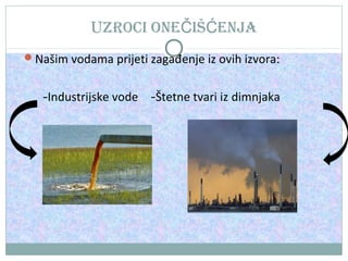 UZROCI ONEČIŠĆENJA
Našim vodama prijeti zagađenje iz ovih izvora:

-Industrijske vode -Štetne tvari iz dimnjaka

 