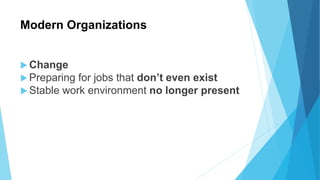 Modern Organizations
 Change
 Preparing for jobs that don’t even exist
 Stable work environment no longer present
 