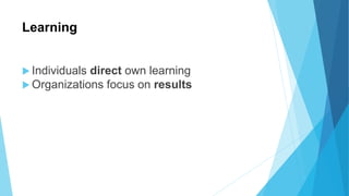 Learning
 Individuals direct own learning
 Organizations focus on results
 