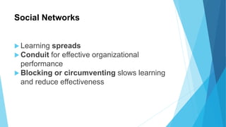 Social Networks
 Learning spreads
 Conduit for effective organizational
performance
 Blocking or circumventing slows learning
and reduce effectiveness
 