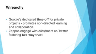 Wirearchy
 Google’s dedicated time-off for private
projects - promotes non-directed learning
and collaboration
 Zappos engage with customers on Twitter
fostering two-way trust
 