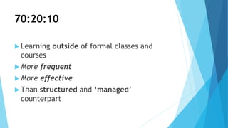 70:20:10
 Learning outside of formal classes and
courses
 More frequent
 More effective
 Than structured and ‘managed’
counterpart
 