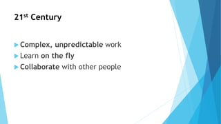 21st Century
 Complex, unpredictable work
 Learn on the fly
 Collaborate with other people
 