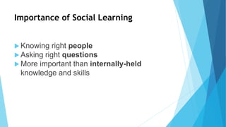 Importance of Social Learning
 Knowing right people
 Asking right questions
 More important than internally-held
knowledge and skills
 