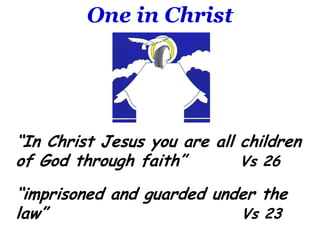 One in Christ“In Christ Jesus you are all children of God through faith”		Vs 26“imprisoned and guarded under the law”                            Vs 23 