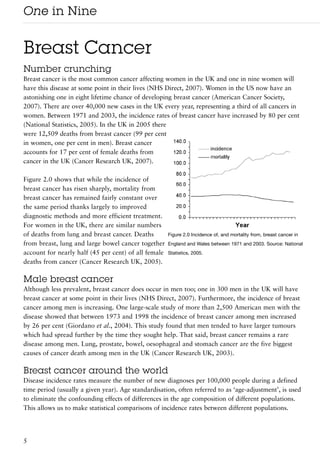 One in Nine

Breast Cancer
Number crunching
Breast cancer is the most common cancer affecting women in the UK and one in nine women will
have this disease at some point in their lives (NHS Direct, 2007). Women in the US now have an
astonishing one in eight lifetime chance of developing breast cancer (American Cancer Society,
2007). There are over 40,000 new cases in the UK every year, representing a third of all cancers in
women. Between 1971 and 2003, the incidence rates of breast cancer have increased by 80 per cent
(National Statistics, 2005). In the UK in 2005 there
were 12,509 deaths from breast cancer (99 per cent
in women, one per cent in men). Breast cancer
accounts for 17 per cent of female deaths from
cancer in the UK (Cancer Research UK, 2007).

Figure 2.0 shows that while the incidence of
breast cancer has risen sharply, mortality from
breast cancer has remained fairly constant over
the same period thanks largely to improved
diagnostic methods and more efficient treatment.
For women in the UK, there are similar numbers
of deaths from lung and breast cancer. Deaths         Figure 2.0 Incidence of, and mortality from, breast cancer in
from breast, lung and large bowel cancer together     England and Wales between 1971 and 2003. Source: National
account for nearly half (45 per cent) of all female   Statistics, 2005.
deaths from cancer (Cancer Research UK, 2005).

Male breast cancer
Although less prevalent, breast cancer does occur in men too; one in 300 men in the UK will have
breast cancer at some point in their lives (NHS Direct, 2007). Furthermore, the incidence of breast
cancer among men is increasing. One large-scale study of more than 2,500 American men with the
disease showed that between 1973 and 1998 the incidence of breast cancer among men increased
by 26 per cent (Giordano et al., 2004). This study found that men tended to have larger tumours
which had spread further by the time they sought help. That said, breast cancer remains a rare
disease among men. Lung, prostate, bowel, oesophageal and stomach cancer are the five biggest
causes of cancer death among men in the UK (Cancer Research UK, 2003).

Breast cancer around the world
Disease incidence rates measure the number of new diagnoses per 100,000 people during a defined
time period (usually a given year). Age standardisation, often referred to as ‘age-adjustment’, is used
to eliminate the confounding effects of differences in the age composition of different populations.
This allows us to make statistical comparisons of incidence rates between different populations.




5
 