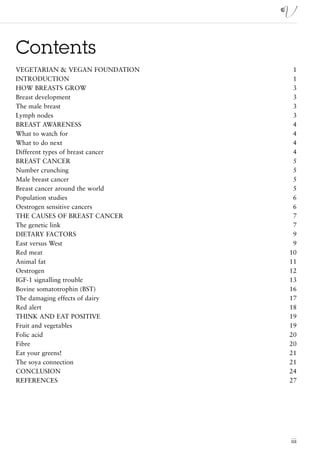 Contents
VEGETARIAN & VEGAN FOUNDATION       1
INTRODUCTION                        1
HOW BREASTS GROW                    3
Breast development                  3
The male breast                     3
Lymph nodes                         3
BREAST AWARENESS                    4
What to watch for                   4
What to do next                     4
Different types of breast cancer    4
BREAST CANCER                       5
Number crunching                    5
Male breast cancer                  5
Breast cancer around the world      5
Population studies                  6
Oestrogen sensitive cancers         6
THE CAUSES OF BREAST CANCER         7
The genetic link                    7
DIETARY FACTORS                     9
East versus West                    9
Red meat                           10
Animal fat                         11
Oestrogen                          12
IGF-1 signalling trouble           13
Bovine somatotrophin (BST)         16
The damaging effects of dairy      17
Red alert                          18
THINK AND EAT POSITIVE             19
Fruit and vegetables               19
Folic acid                         20
Fibre                              20
Eat your greens!                   21
The soya connection                21
CONCLUSION                         24
REFERENCES                         27




                                   iii
 