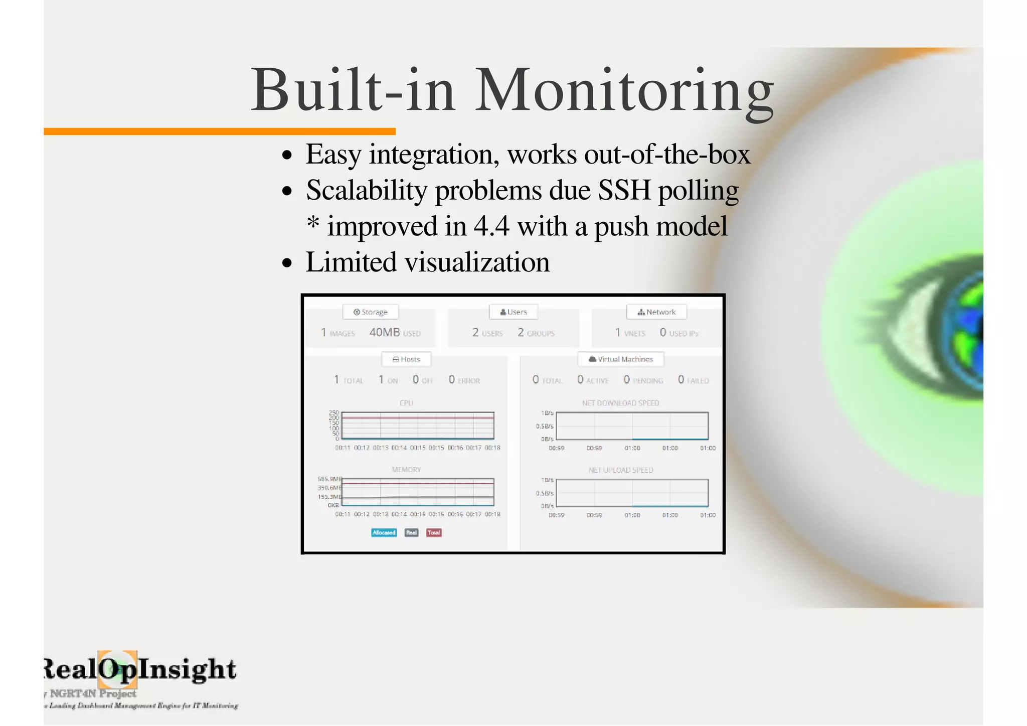 Built-in Monitoring 
Easy integration, works out-of-the-box 
Scalability problems due SSH polling 
* improved in 4.4 with a push model 
Limited visualization 
 
