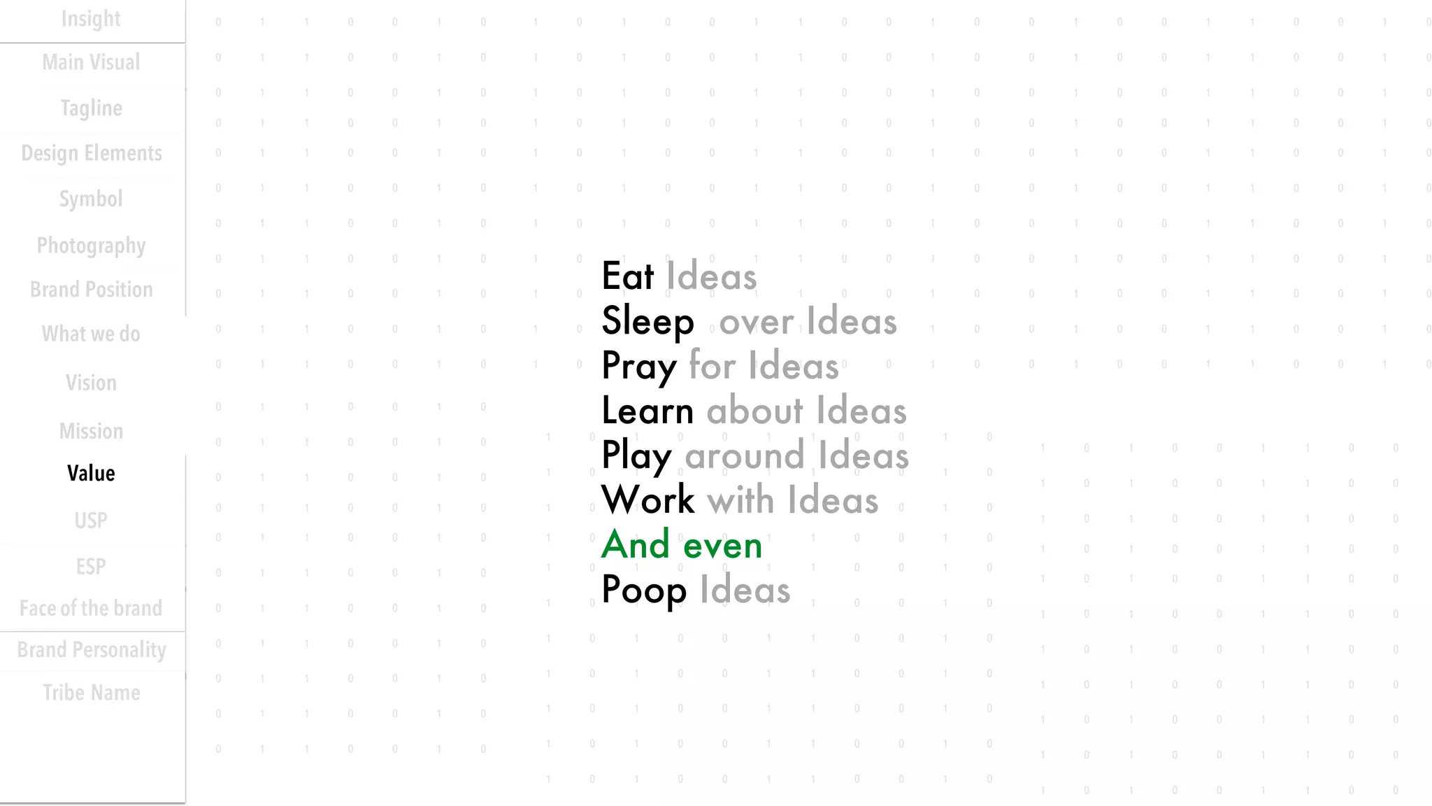 Eat Ideas
Sleep over Ideas
Pray for Ideas
Learn about Ideas
Play around Ideas
Work with Ideas
And even
Poop Ideas
Insight
Main Visual
Tagline
Design Elements
Photography
Symbol
Who we are
What we do
Vision
Mission
Value
USP
ESP
Face of the brand
Brand Personality
Tribe Name
Brand Position
 