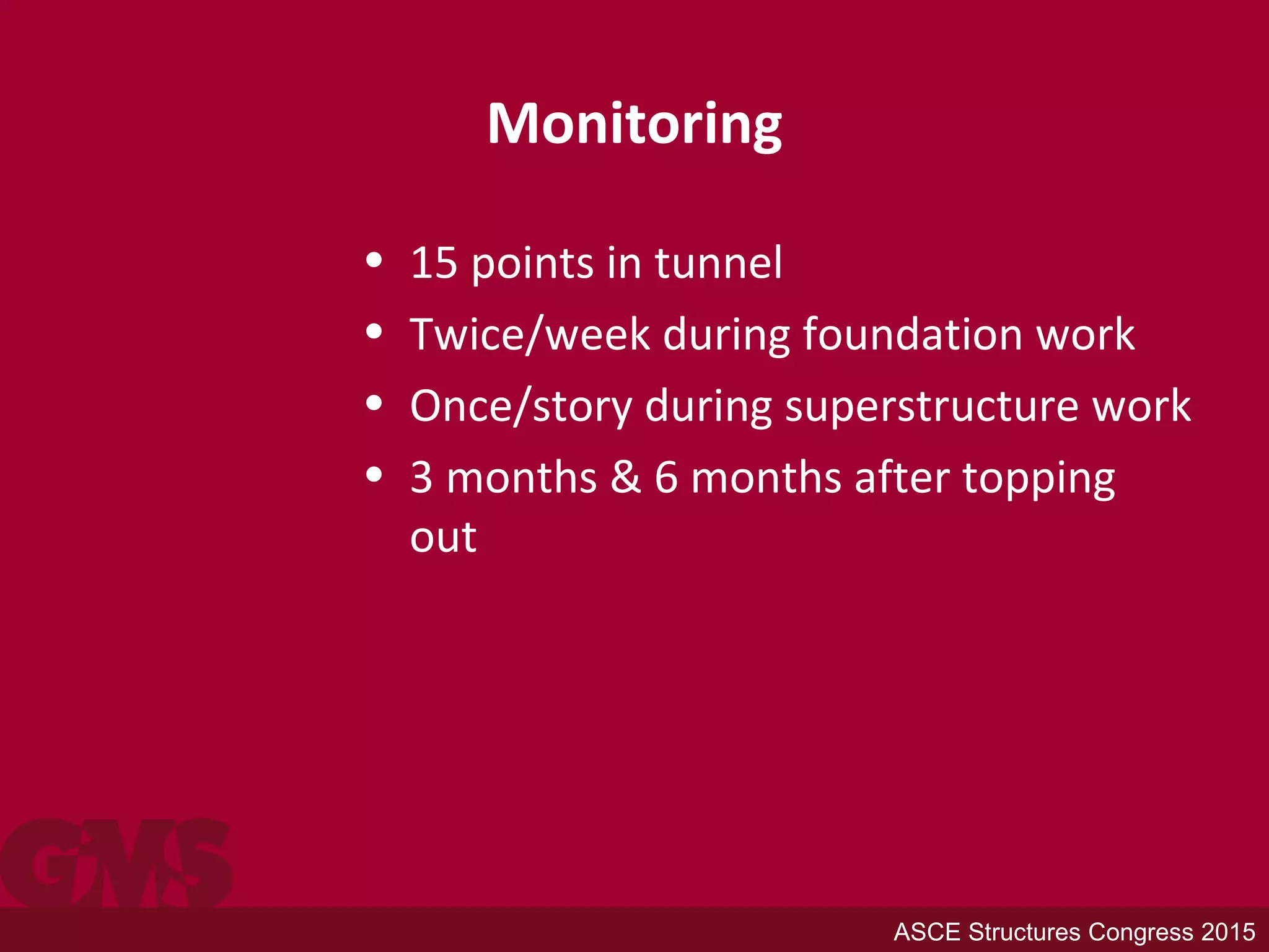 Monitoring
• 15 points in tunnel
• Twice/week during foundation work
• Once/story during superstructure work
• 3 months & 6 months after topping
out
ASCE Structures Congress 2015
 
