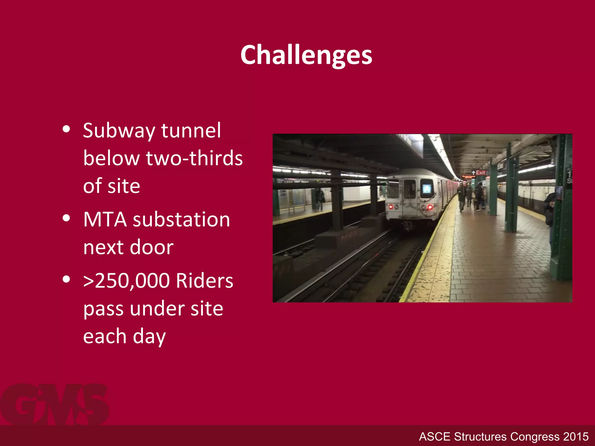 Challenges
• Subway tunnel
below two-thirds
of site
• MTA substation
next door
• >250,000 Riders
pass under site
each day
ASCE Structures Congress 2015
 