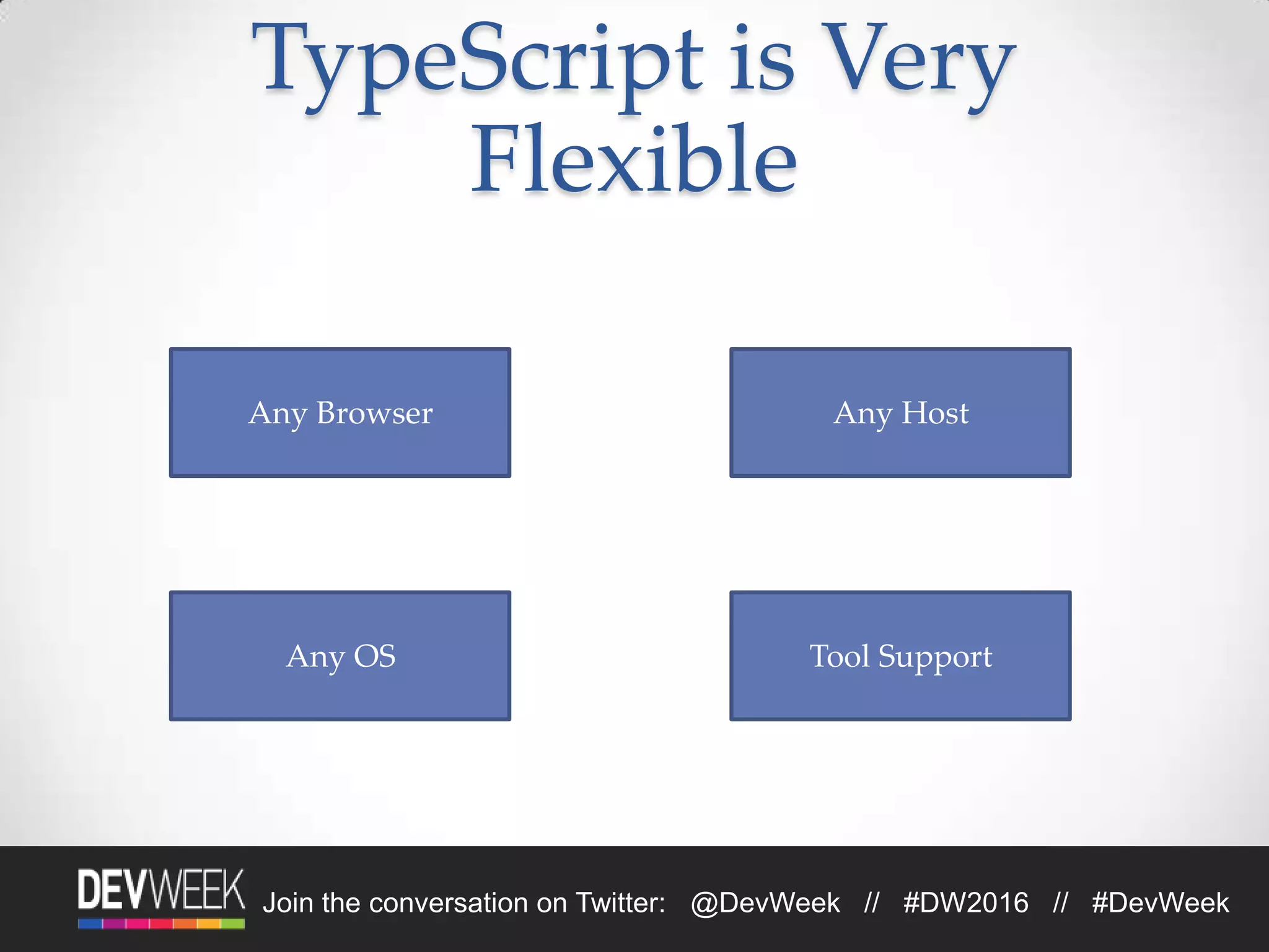 4/19/2016Footer Text 12Join the conversation on Twitter: @DevWeek // #DW2016 // #DevWeek
TypeScript is Very
Flexible
Any Browser Any Host
Any OS Tool Support
 