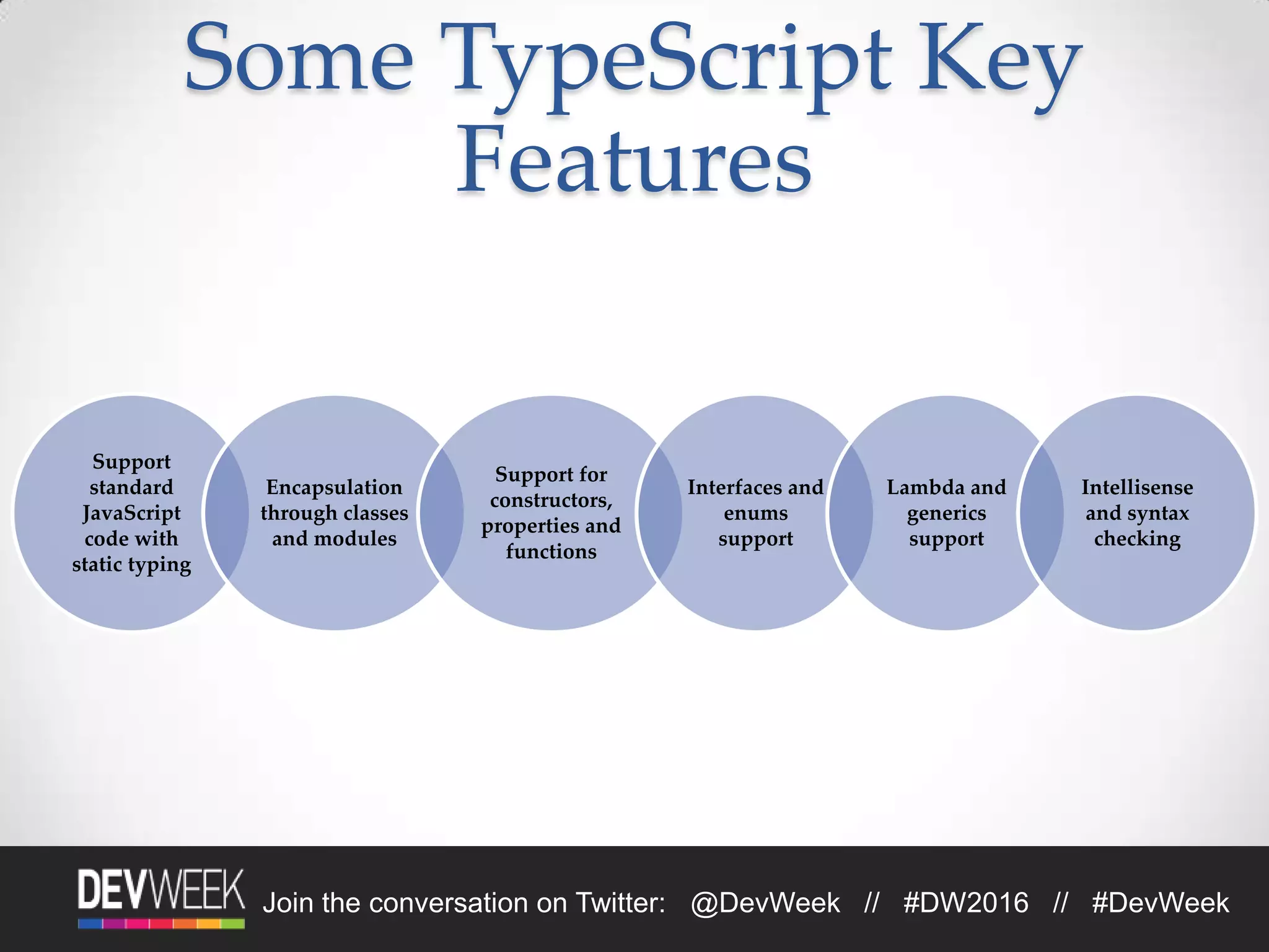 4/19/2016Footer Text 13Join the conversation on Twitter: @DevWeek // #DW2016 // #DevWeek
Some TypeScript Key
Features
Support
standard
JavaScript
code with
static typing
Encapsulation
through classes
and modules
Support for
constructors,
properties and
functions
Interfaces and
enums
support
Lambda and
generics
support
Intellisense
and syntax
checking
 