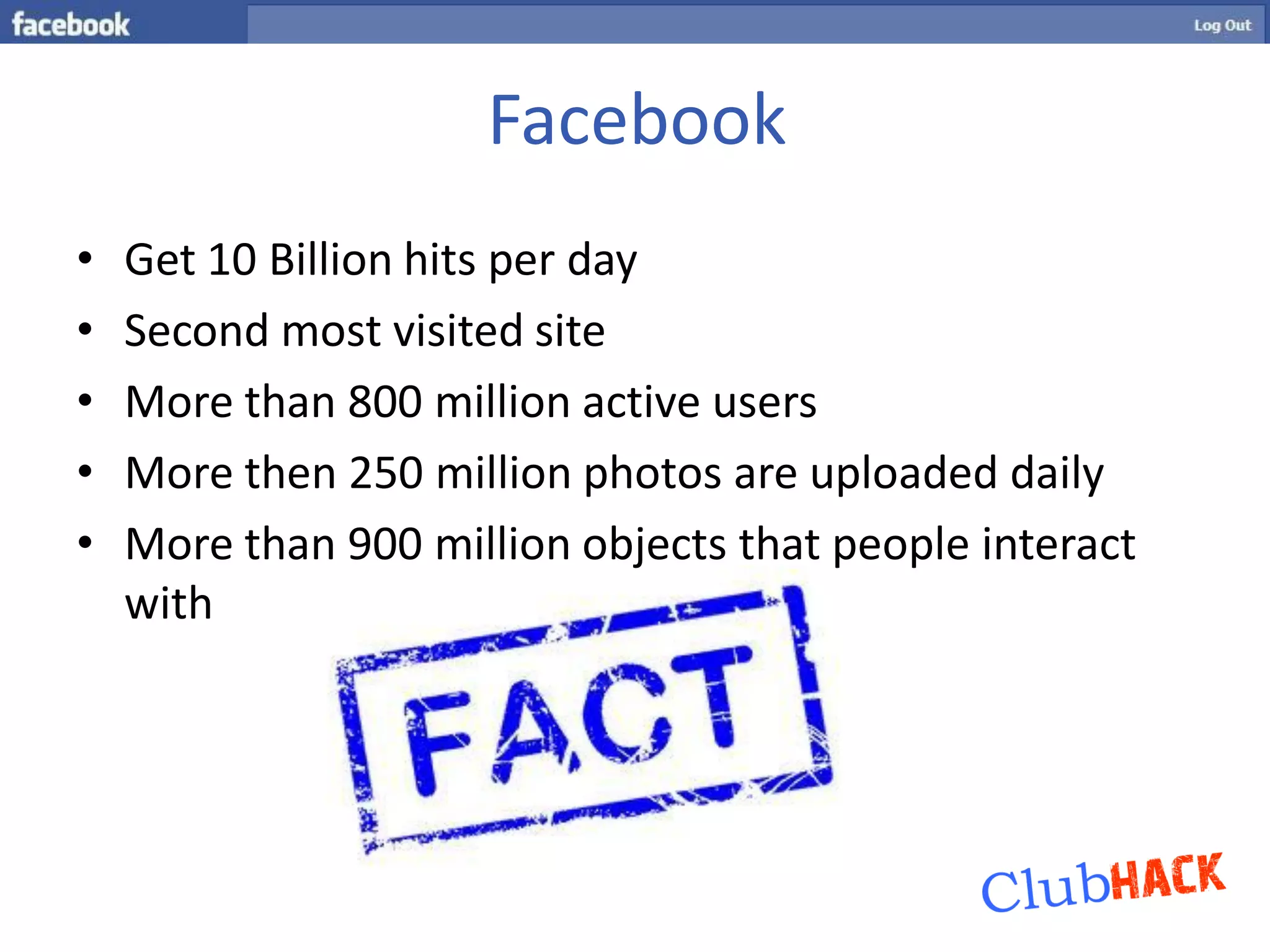 Facebook
•   Get 10 Billion hits per day
•   Second most visited site
•   More than 800 million active users
•   More then 250 million photos are uploaded daily
•   More than 900 million objects that people interact
    with
 