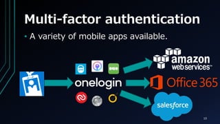Multi-factor authentication
? A variety of mobile apps available.
10
 