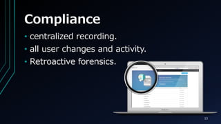 Compliance
13
? centralized recording.
? all user changes and activity.
? Retroactive forensics.
 