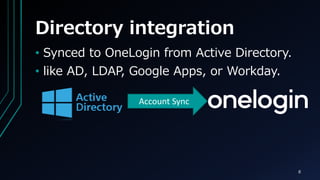 Directory integration
8
Account Sync
? Synced to OneLogin from Active Directory.
? like AD, LDAP, Google Apps, or Workday.
 