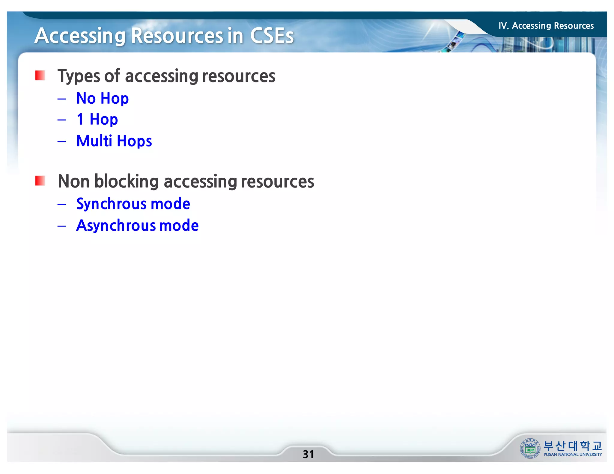 Accessing Resources in CSEs
Types of accessing resources
– No Hop
– 1 Hop
– Multi Hops
Non blocking accessing resources
– Synchrous mode
– Asynchrous mode
31
IV. Accessing Resources
 