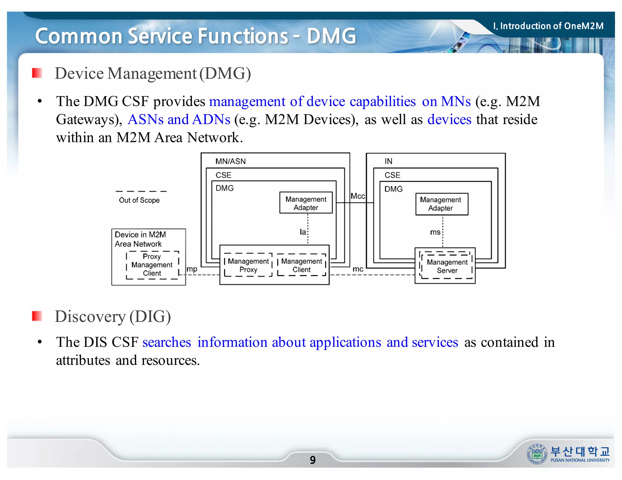 Common Service Functions ­ DMG
9
Device Management(DMG)
• The DMG CSF provides management of device capabilities on MNs (e.g. M2M
Gateways), ASNs and ADNs (e.g. M2M Devices), as well as devices that reside
within an M2M Area Network.
Discovery (DIG)
• The DIS CSF searches information about applications and services as contained in
attributes and resources.
I. Introduction of OneM2M
 