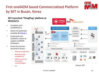© 2017 oneM2M 18
First oneM2M based Commercialized Platform
by SKT in Busan, Korea
• Compliant with
oneM2M Rel-1
• Starter Kit (publically
available @ Github ),
• Guide book and
hackathon events to
support oneM2M
developers
• Smart city services
launched in Busan:
– Parking management,
– Building energy
management,
– Safety services for
the socially
underprivileged,
– etc. Source: SKT
SKT Launched ‘ThingPlug’ platform at
2015/6/11
 